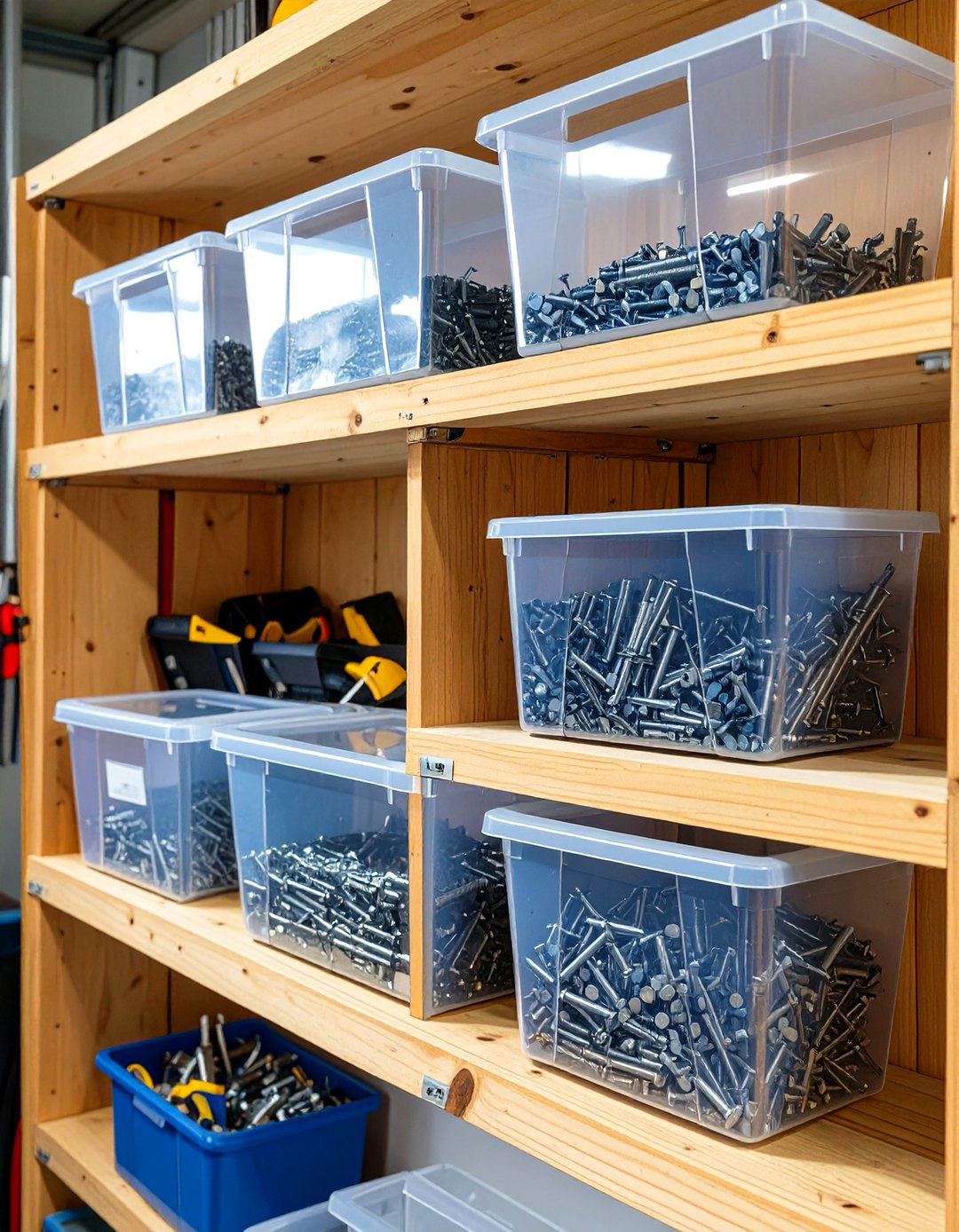 Angled Wood Shelves for Bins - 30 wood garage storage ideas