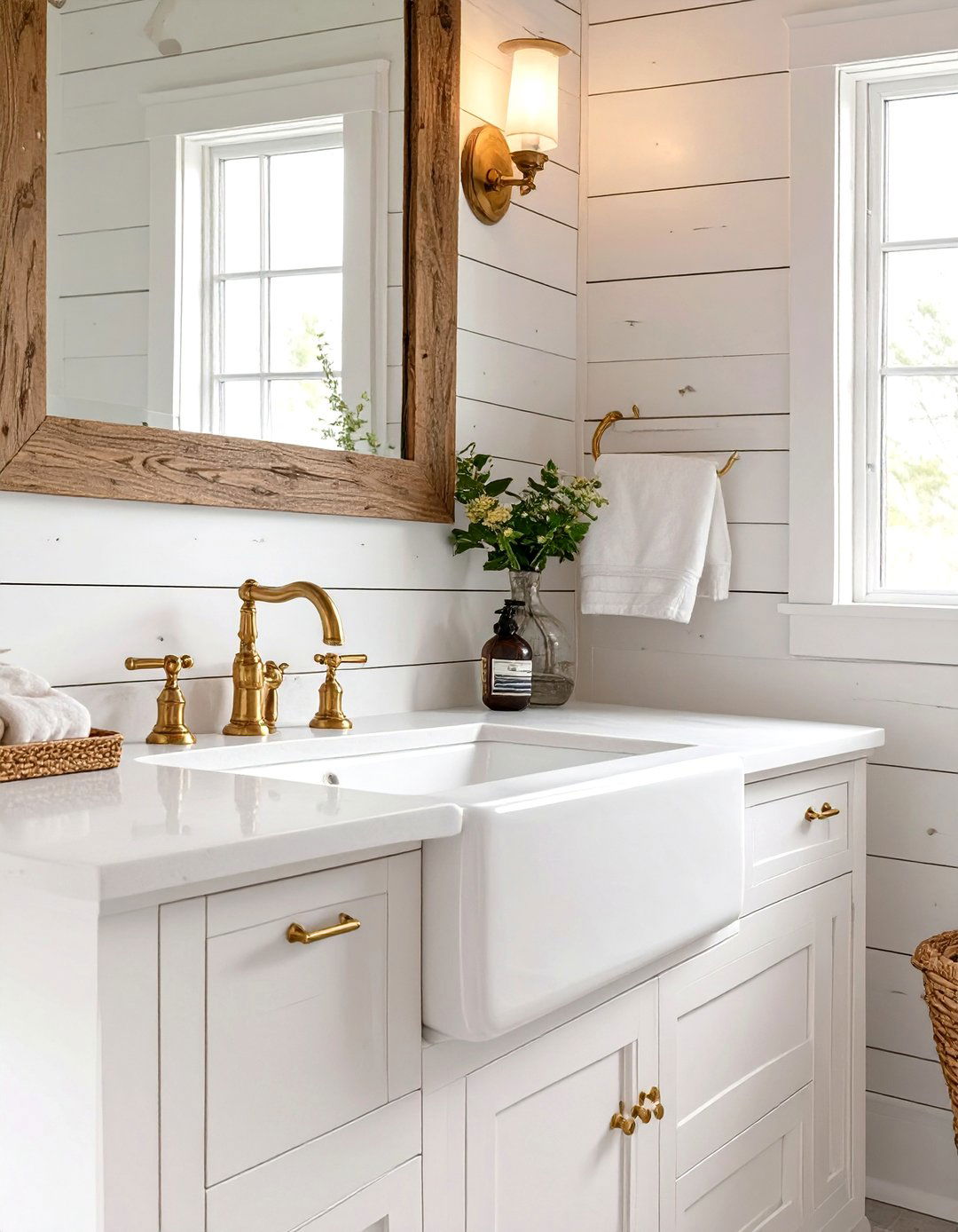 Antique Brass Fixtures - 30 modern farmhouse bathroom ideas