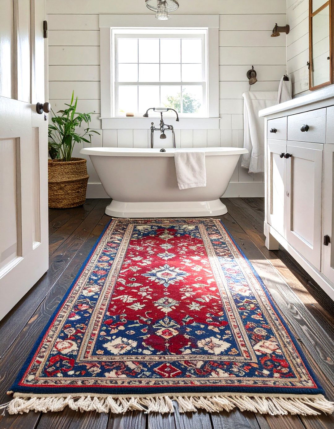 Antique Style Rug in a Small Farmhouse Bathroom - 30 small farmhouse bathroom ideas