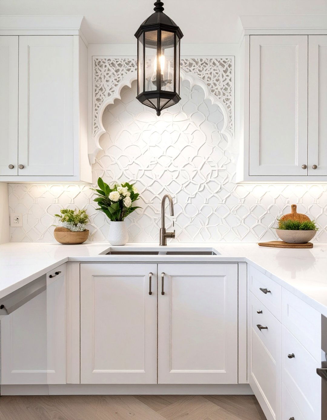 Arabesque Tile Backsplash - 30 backsplash ideas for white cabinets and quartz countertops