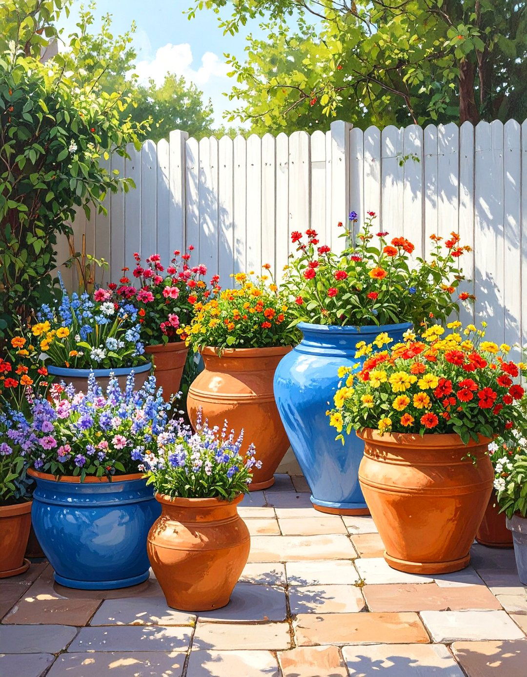 Arranging a Collection of Potted Plants at the Fence Line - 30 simple fence line landscaping ideas