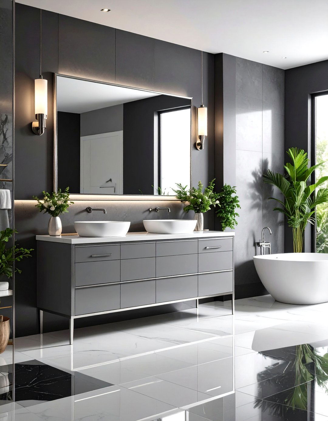 Art Deco Bathroom with a Stepped Vanity - 30 light grey vanity bathroom ideas