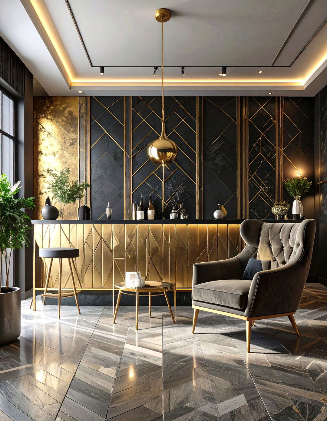 Art Deco Black Gold and White Basement - 30 modern basement color ideas decorating