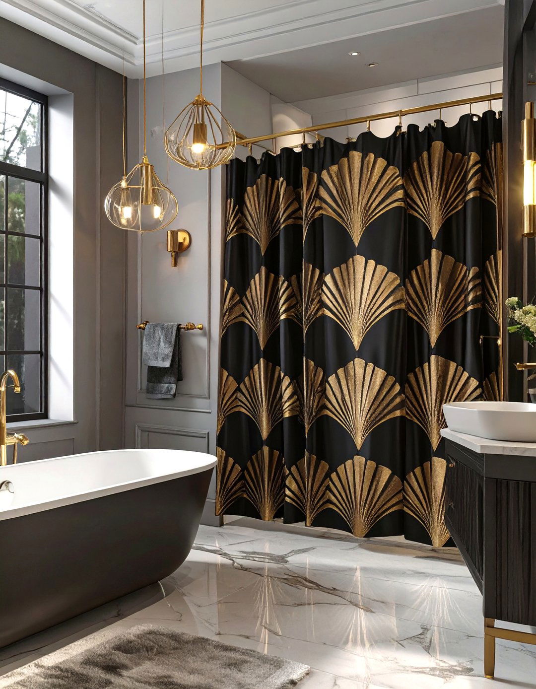 Art Deco Fan Pattern Curtain - 30 bathroom curtains ideas