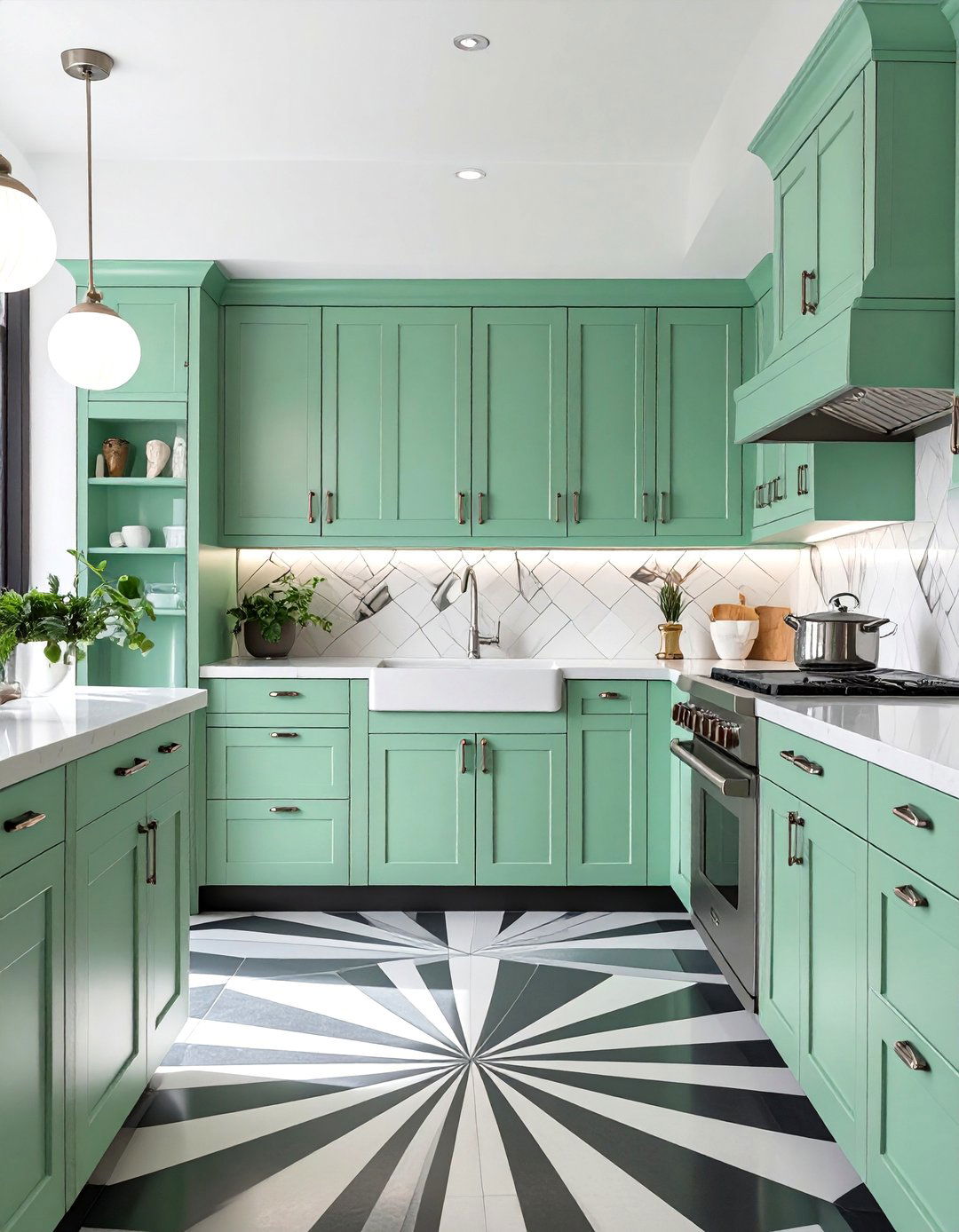 Art Deco Inspired Kitchen with Spearmint Green Cabinets - 30 green kitchen cabinets ideas