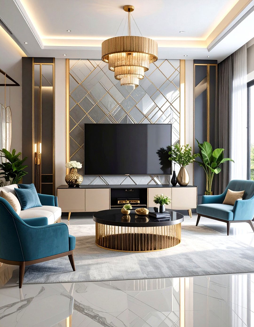 Art Deco Inspired Mirrored Wall - 30 living room tv wall ideas