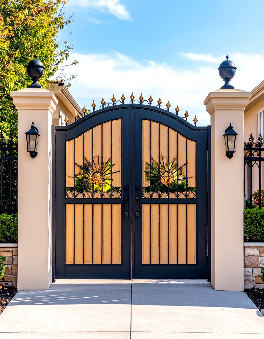 Art Deco Inspired Wrought Iron Gate and Fence - 30 front yard fence ideas with gate