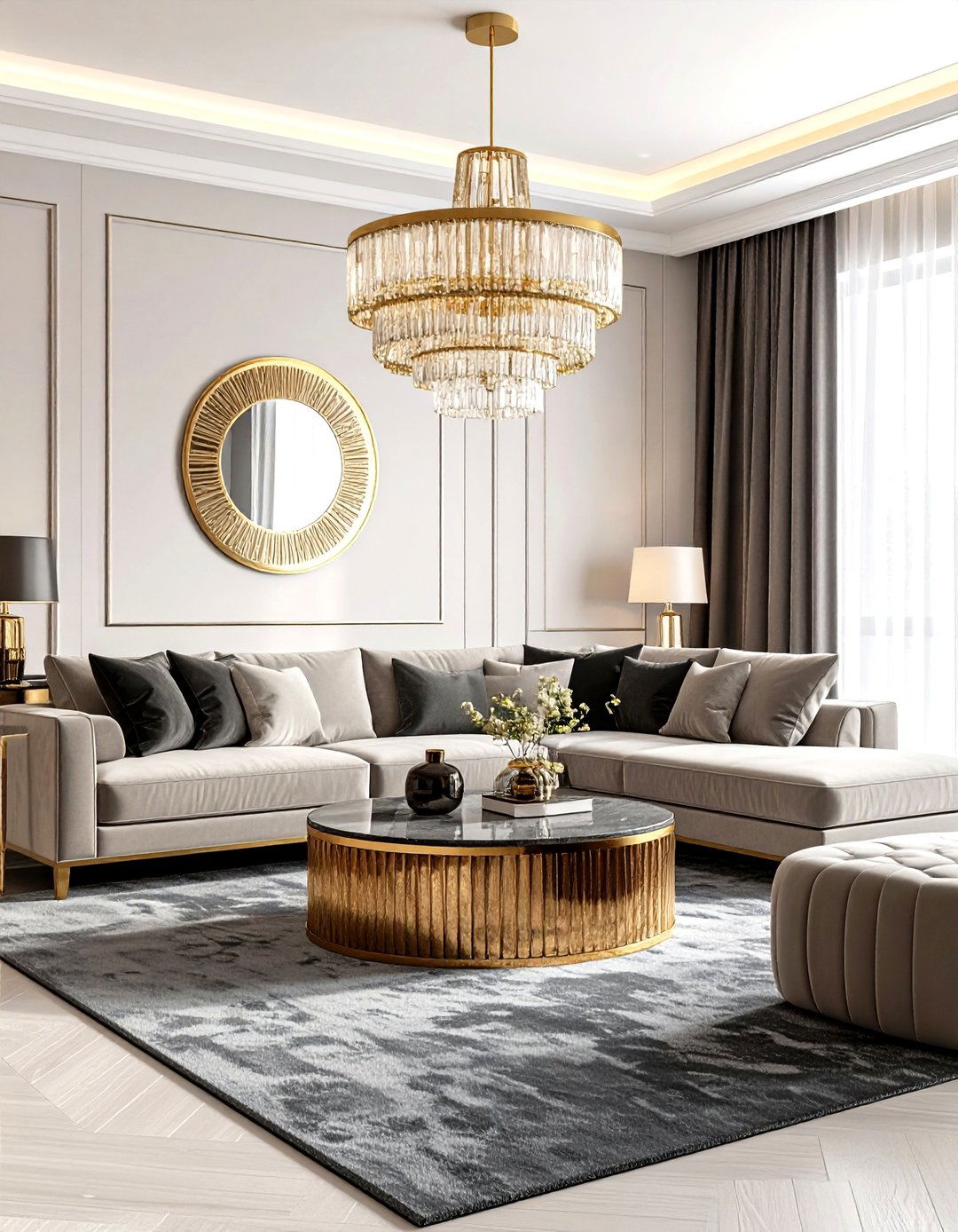 Art Deco Living Room with Charcoal Grey Carpet - 30 grey flooring living room ideas