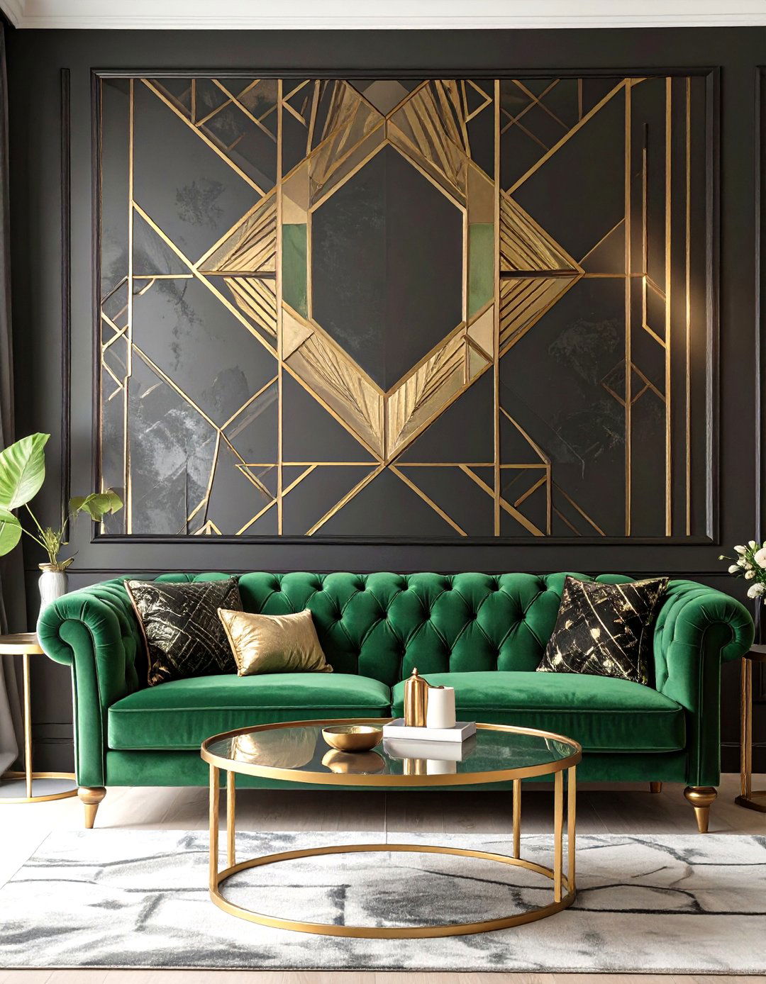 Art Deco Living Room with a Black and Gold Geometric Wall - 30 black accent wall ideas