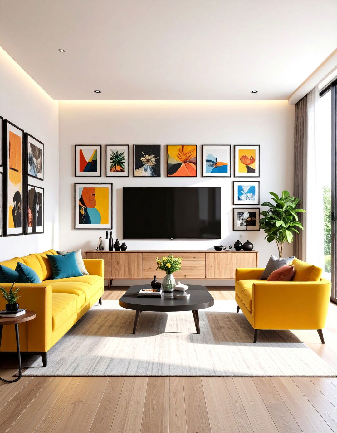 Art Gallery Wall with an Integrated TV - 30 living room tv wall ideas