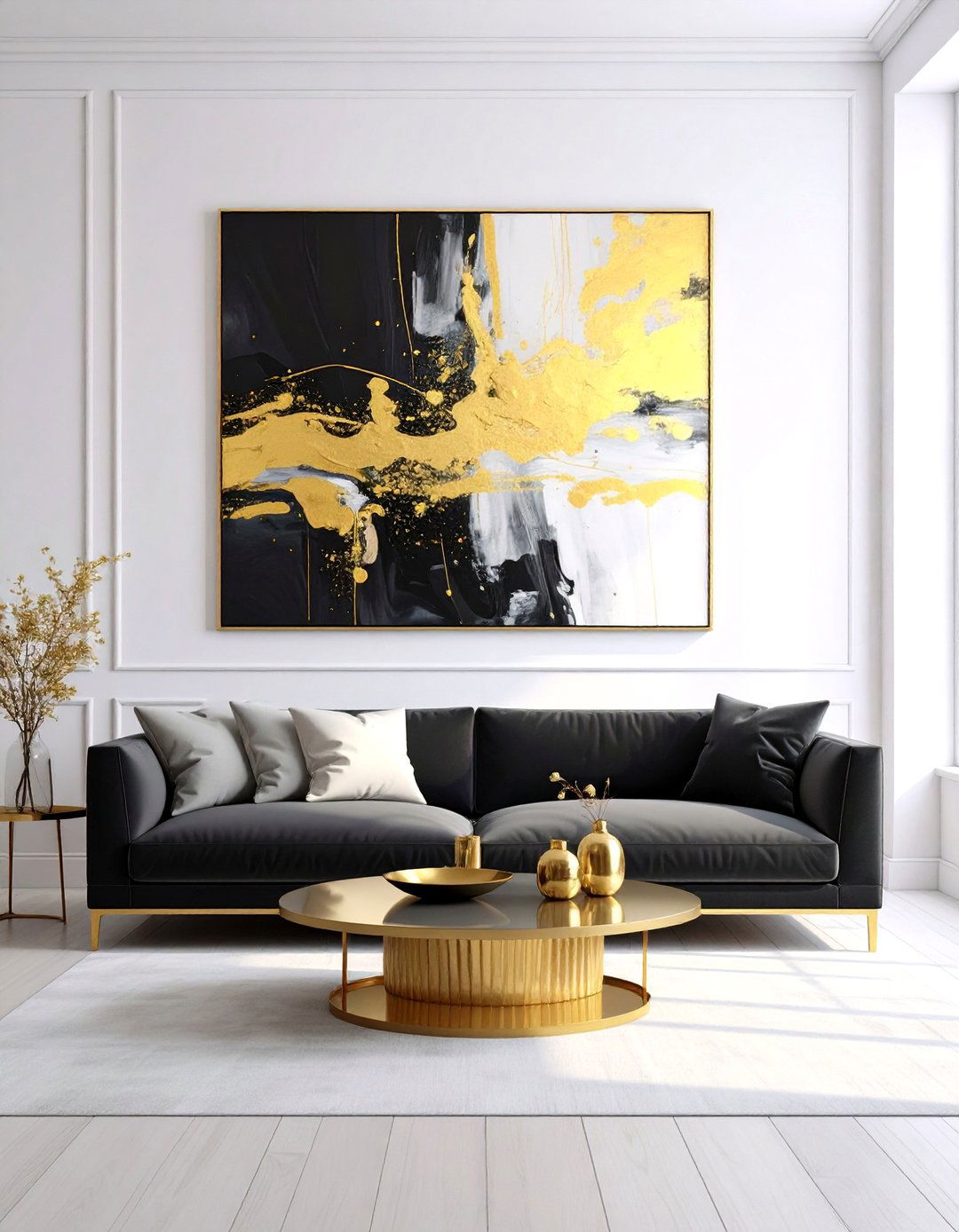 Art Gallery White with Black and Gold Living Room - 30 black and gold living room ideas