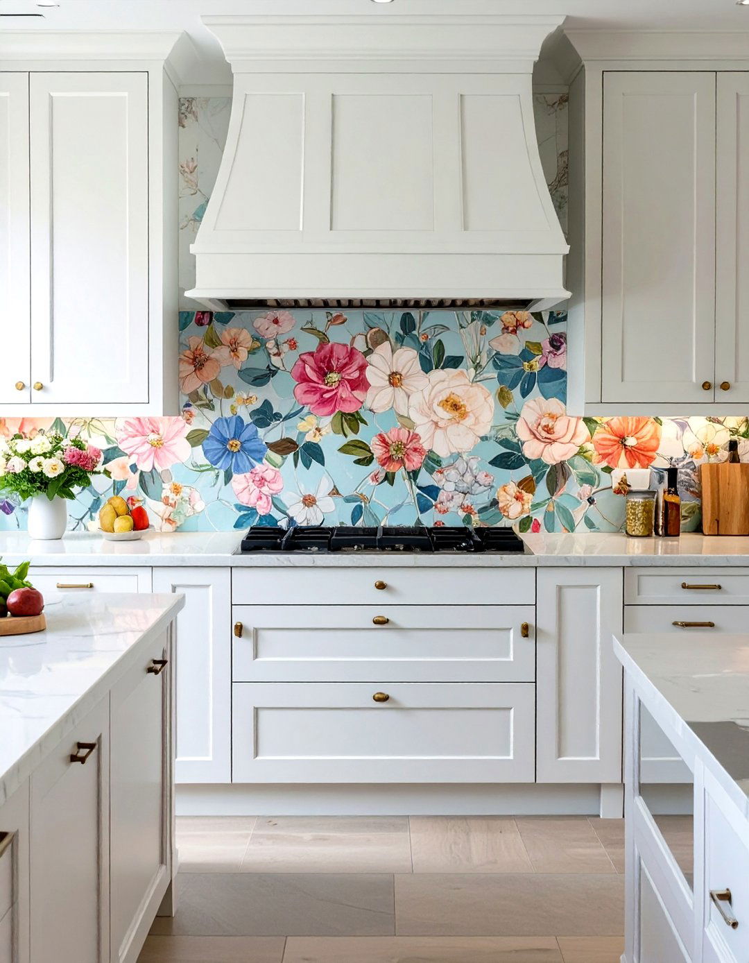Artistic Floral Mosaic Backsplash - 30 white cabinet kitchen backsplash ideas