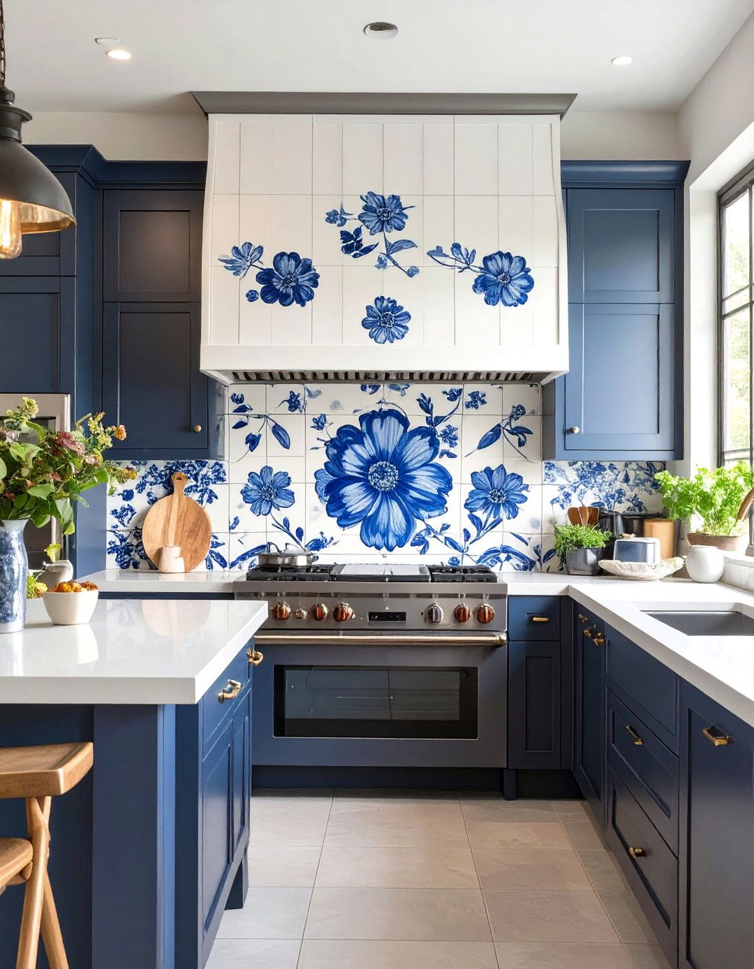 Artistic Hand Painted Tiles - 30 backsplash ideas for dark cabinets and light countertops