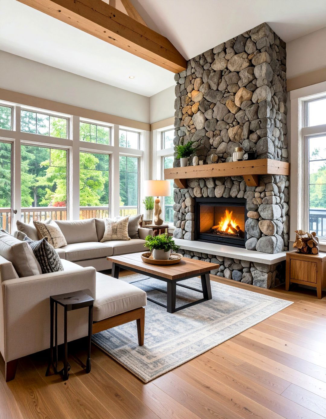 Arts and Crafts River Rock Fireplace - 30 living room stone fireplace ideas