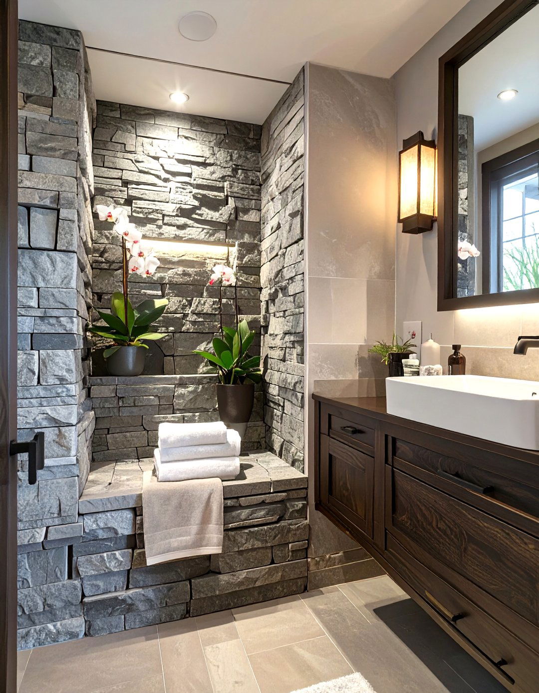 Asian Inspired Bathroom Stacked Stone Niche - 30 bathroom towel holder ideas