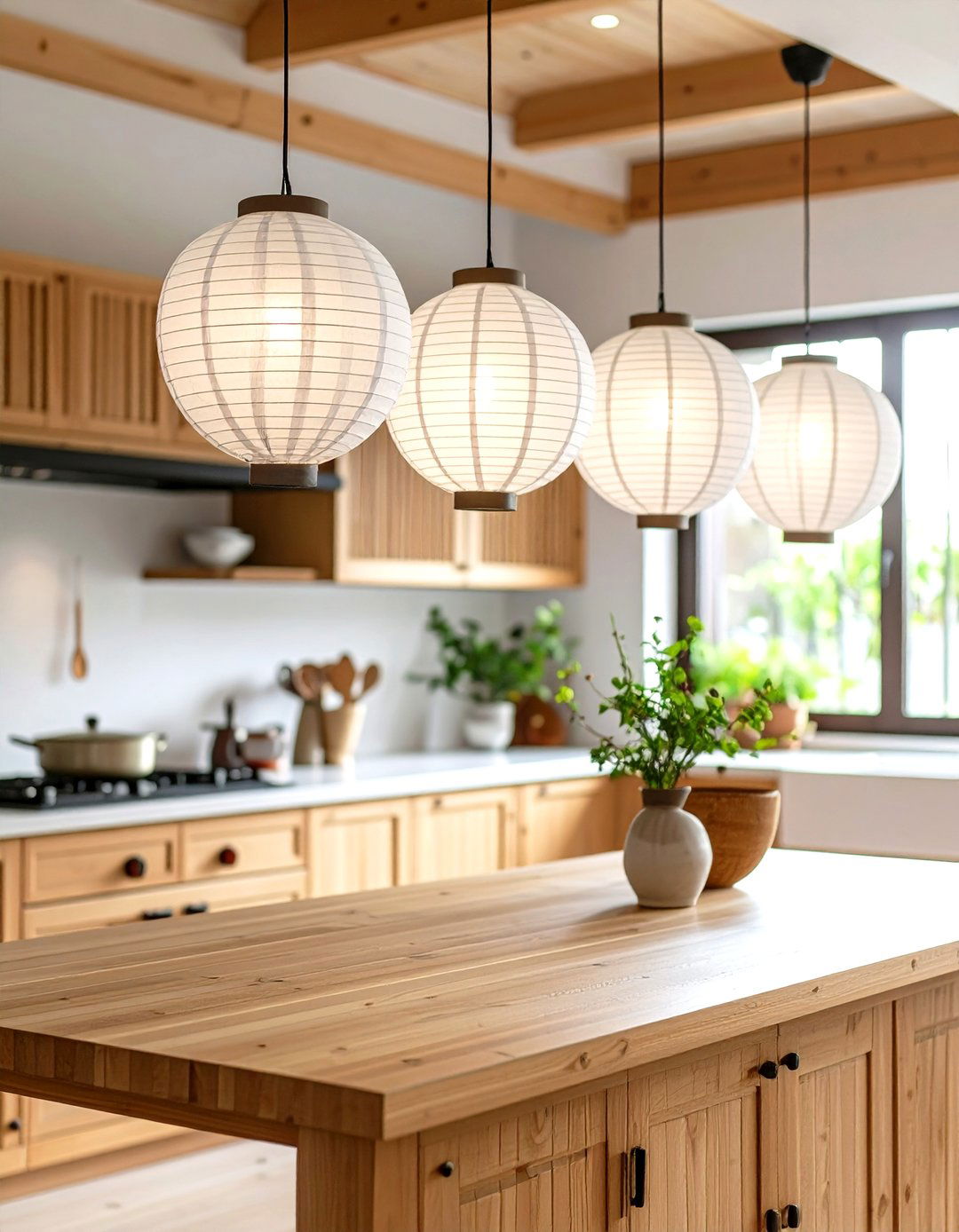 Asian Inspired Kitchen with Paper Lantern Pendants - 30 kitchen ceiling lights ideas