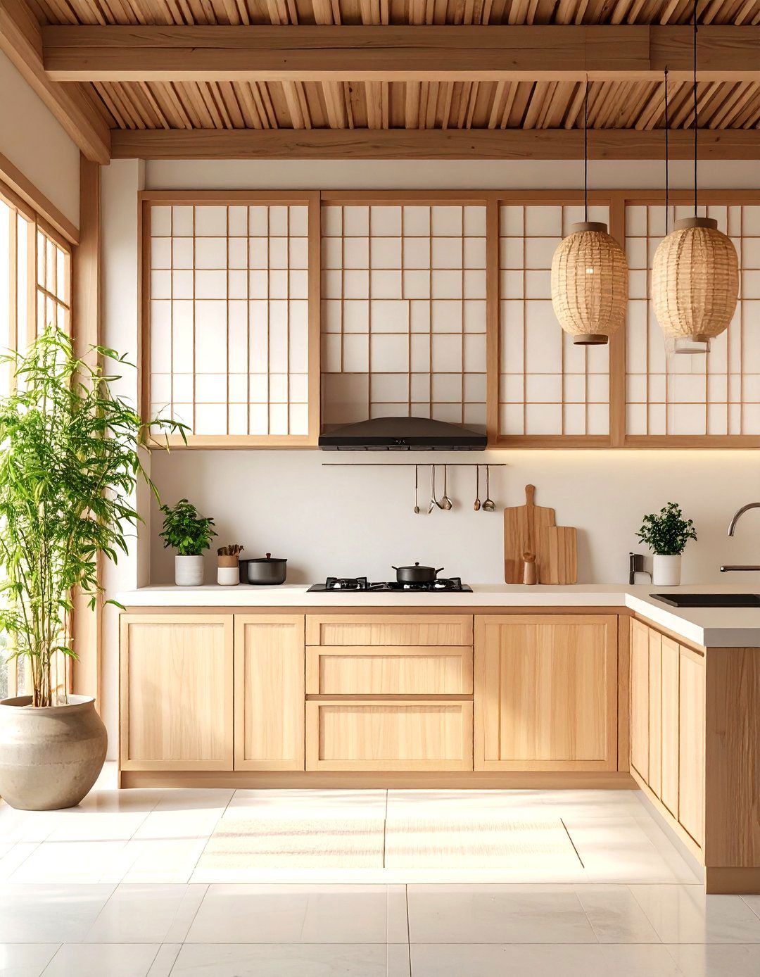 Asian Inspired Zen Kitchen with Shoji Screens - 30 kitchen wall decor ideas
