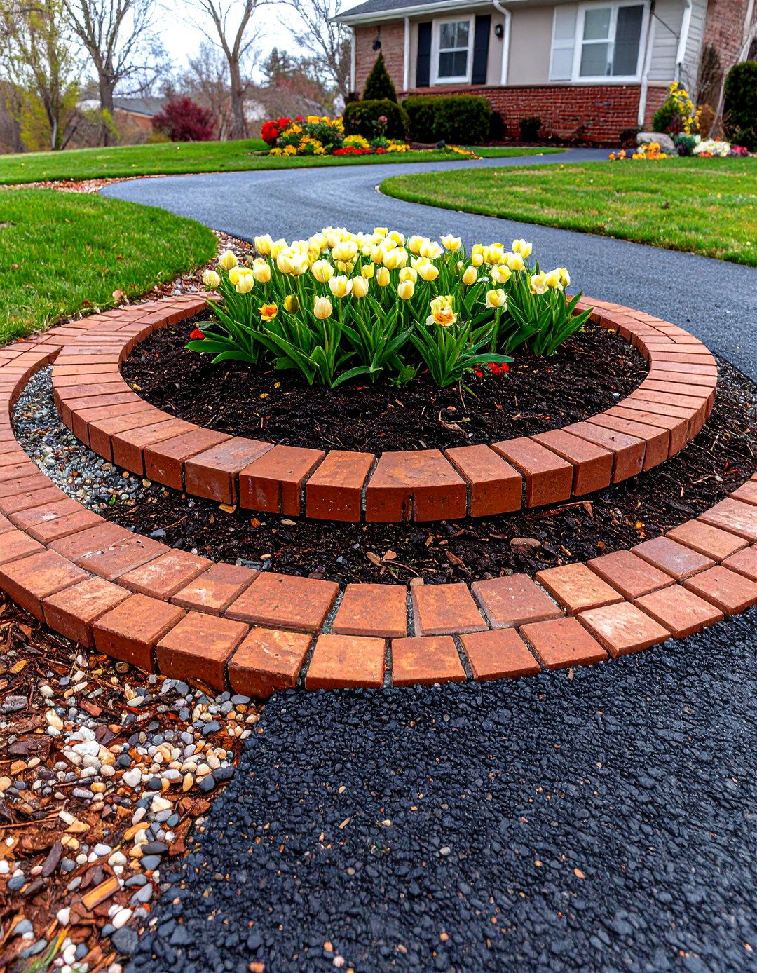 Asphalt Half Circle Driveway with Brick Border - 30 front yard half circle driveway designs