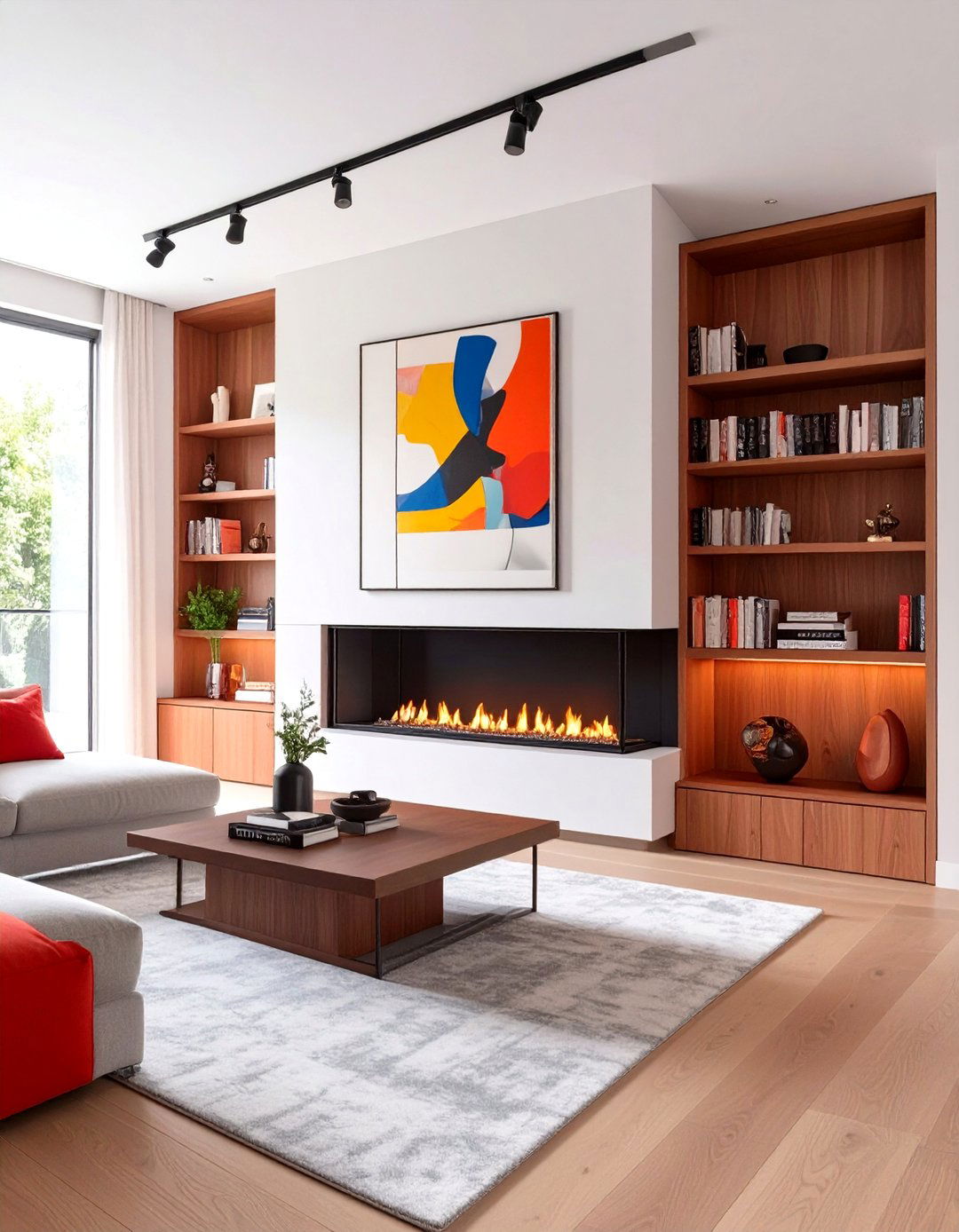 Asymmetrical Built In Shelving - 30 modern fireplace accent wall ideas