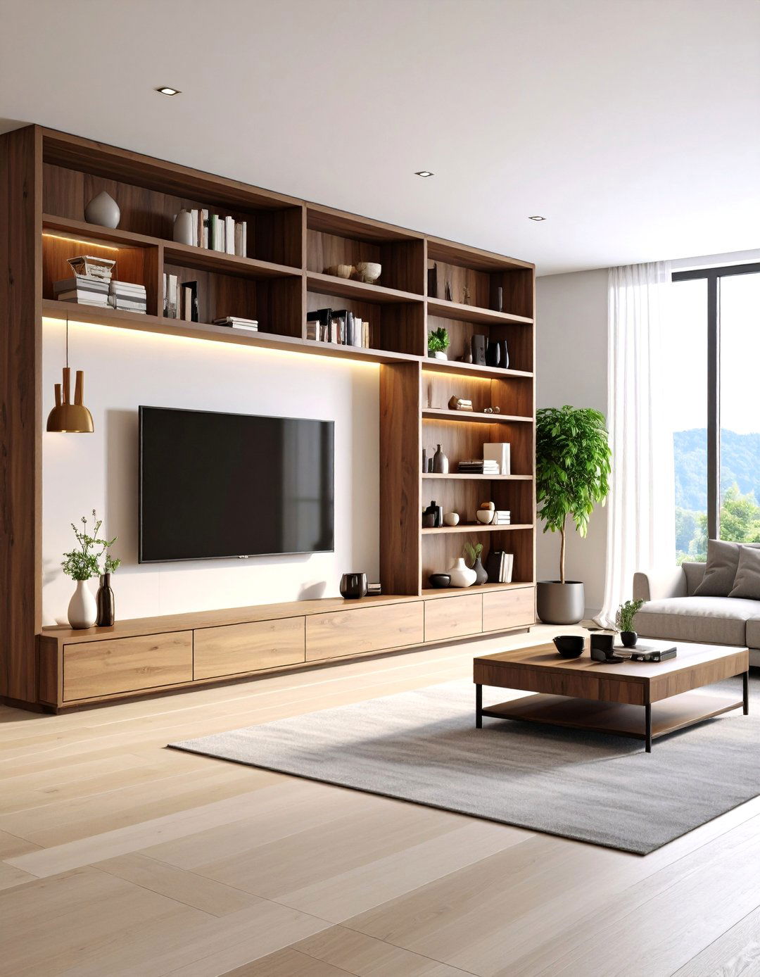 Asymmetrical Built In Shelving - 30 accent wall behind tv ideas