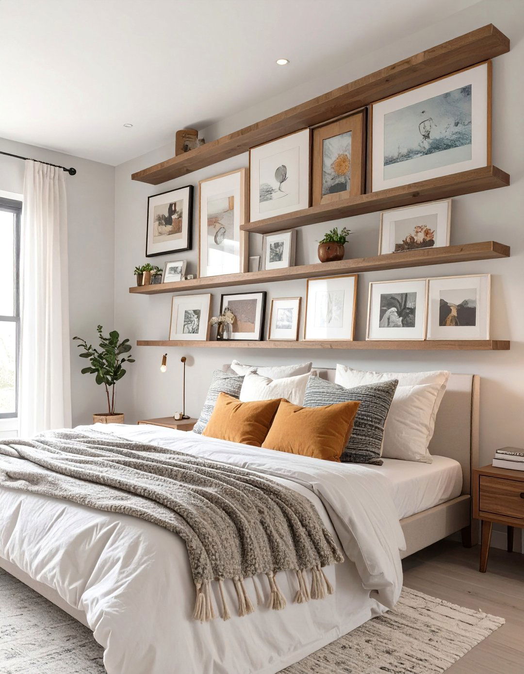 Asymmetrical Gallery Wall Bedroom Shelves - 30 bedroom shelf ideas