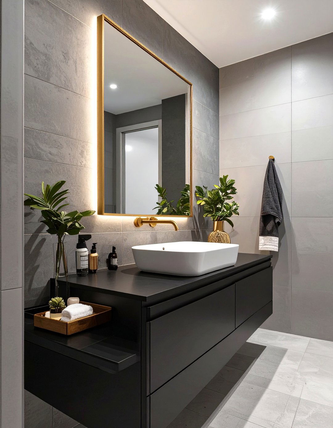 Asymmetrical Modern Bathroom - 30 black and gold bathroom ideas
