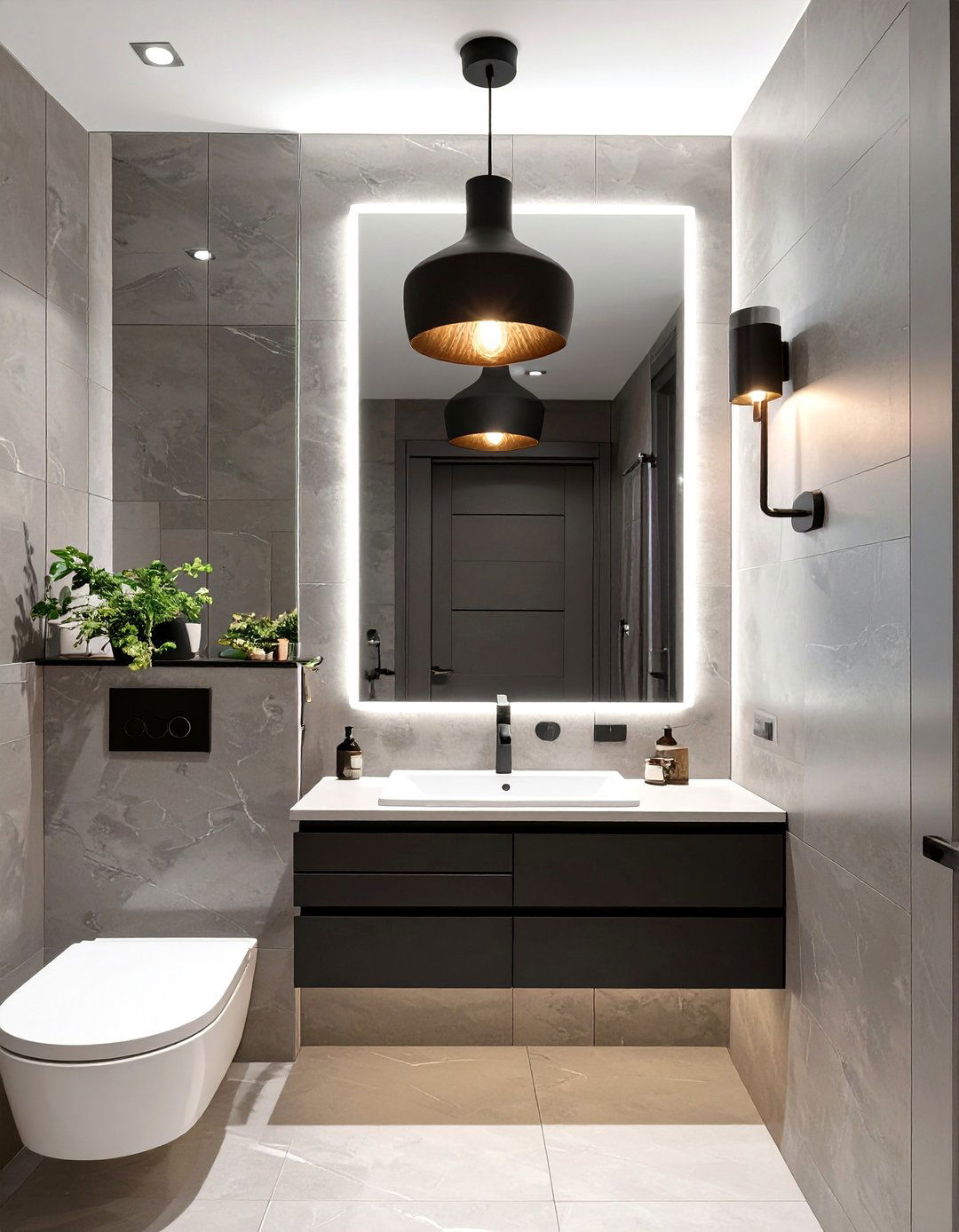 Asymmetrical Pendant and Sconce Mix - 30 bathroom vanity lighting ideas