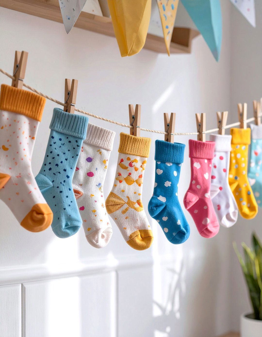 Baby Sock Clothesline Garland - 30 unique baby shower decoration ideas