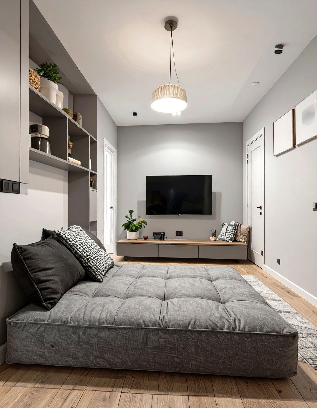 Backless Sofa And TV On A Console - 30 narrow living room ideas with tv