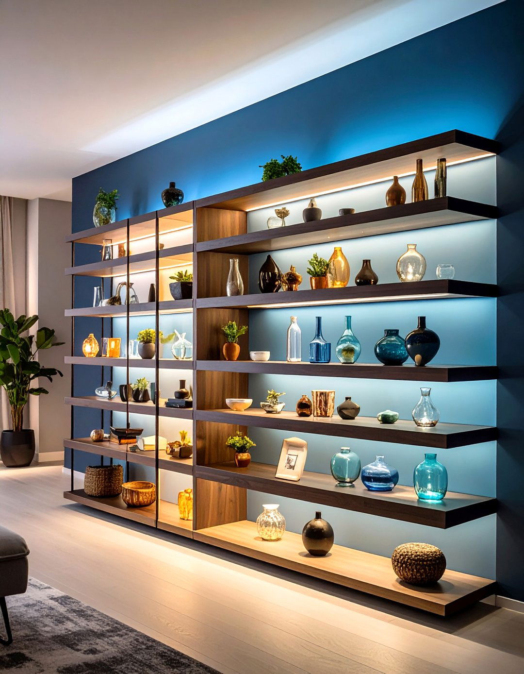 Backlit Living Room Floating Shelves - 30 living room wall shelf decor ideas