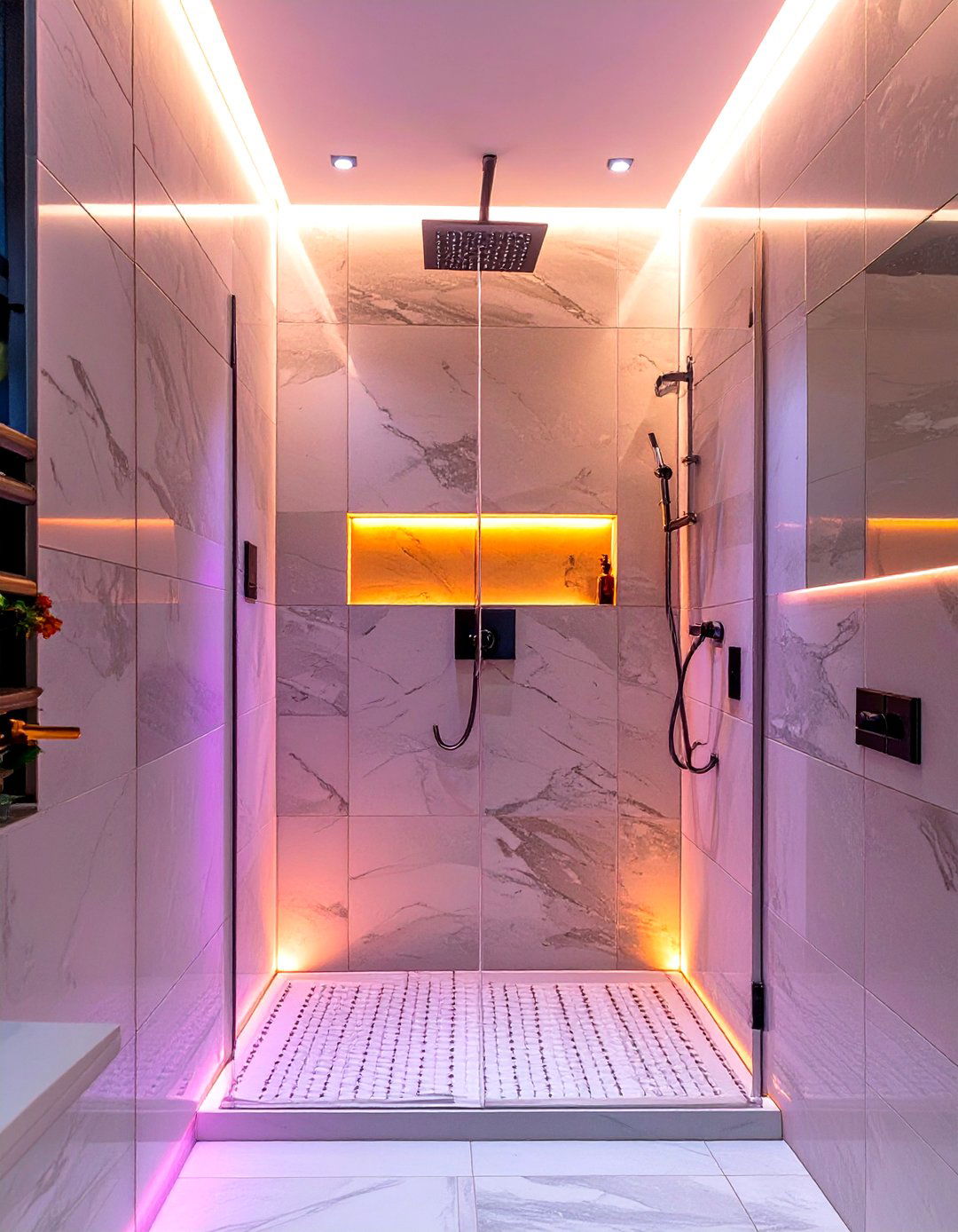 Backlit Niche Small Doorless Shower - 30 small doorless walk in shower ideas
