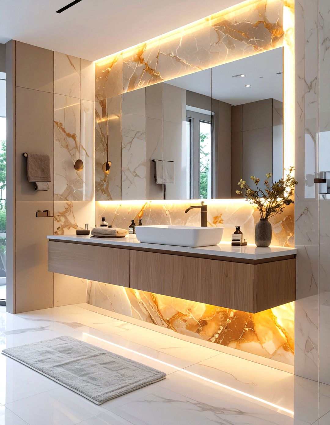 Backlit Onyx Panel Accent Wall - 30 bathroom accent wall ideas