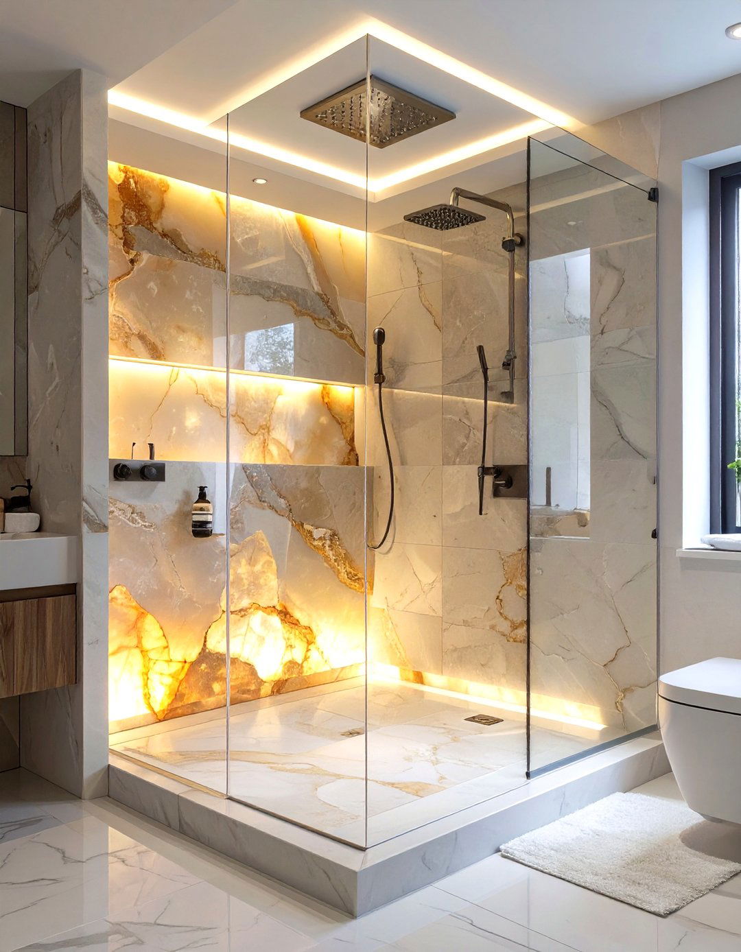 Backlit Onyx Wall Shower - 30 corner shower ideas
