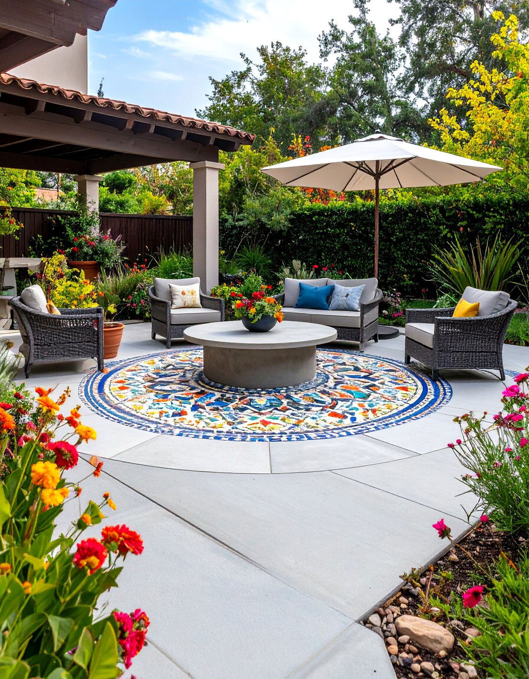 Backyard Concrete with Tile Inlays - 30 backyard concrete ideas