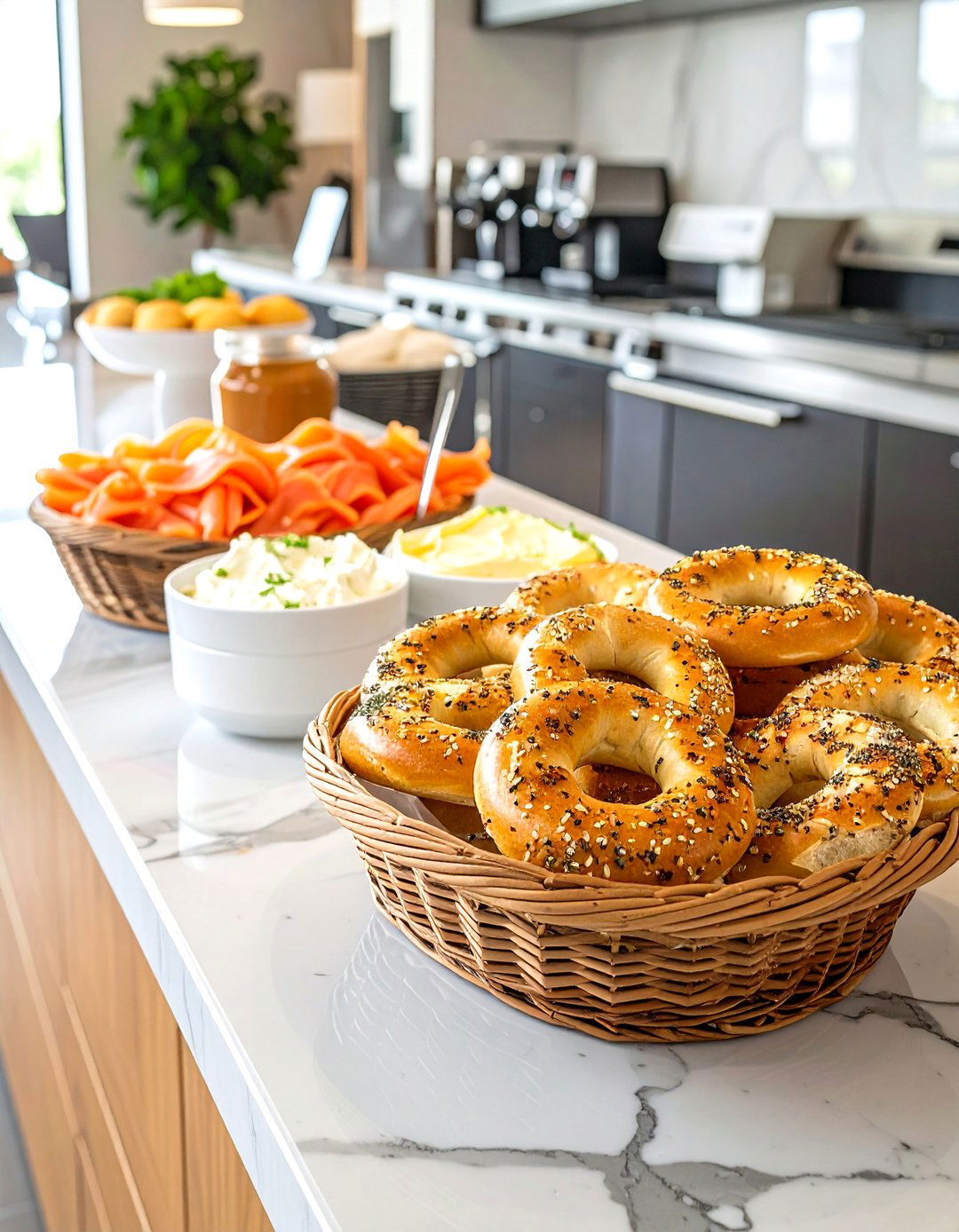 Bagel Buffet With Various Spreads - 30 office breakfast ideas