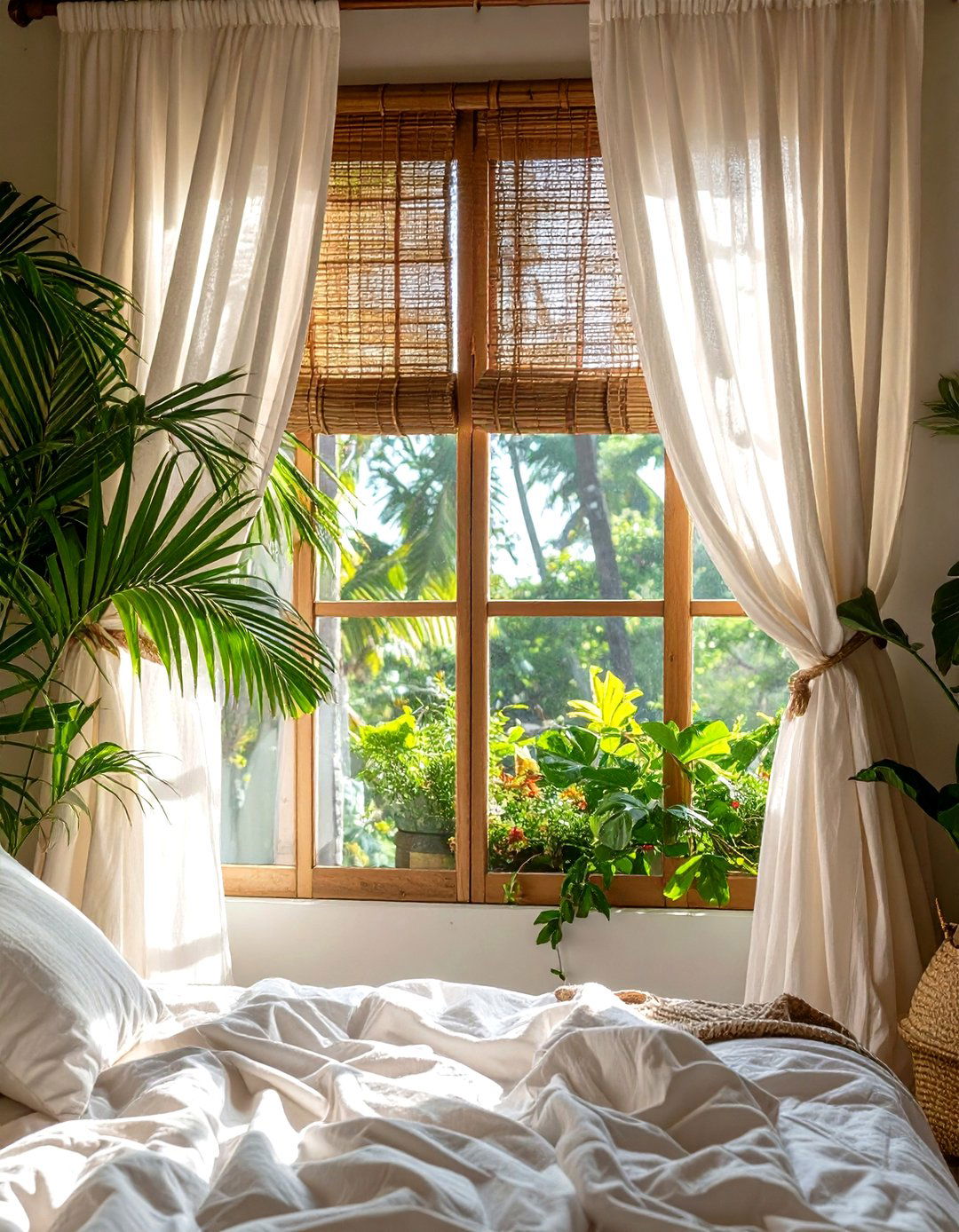 Bamboo Blinds Layered with Curtains in a Natural Bedroom - 30 curtain ideas for bedroom