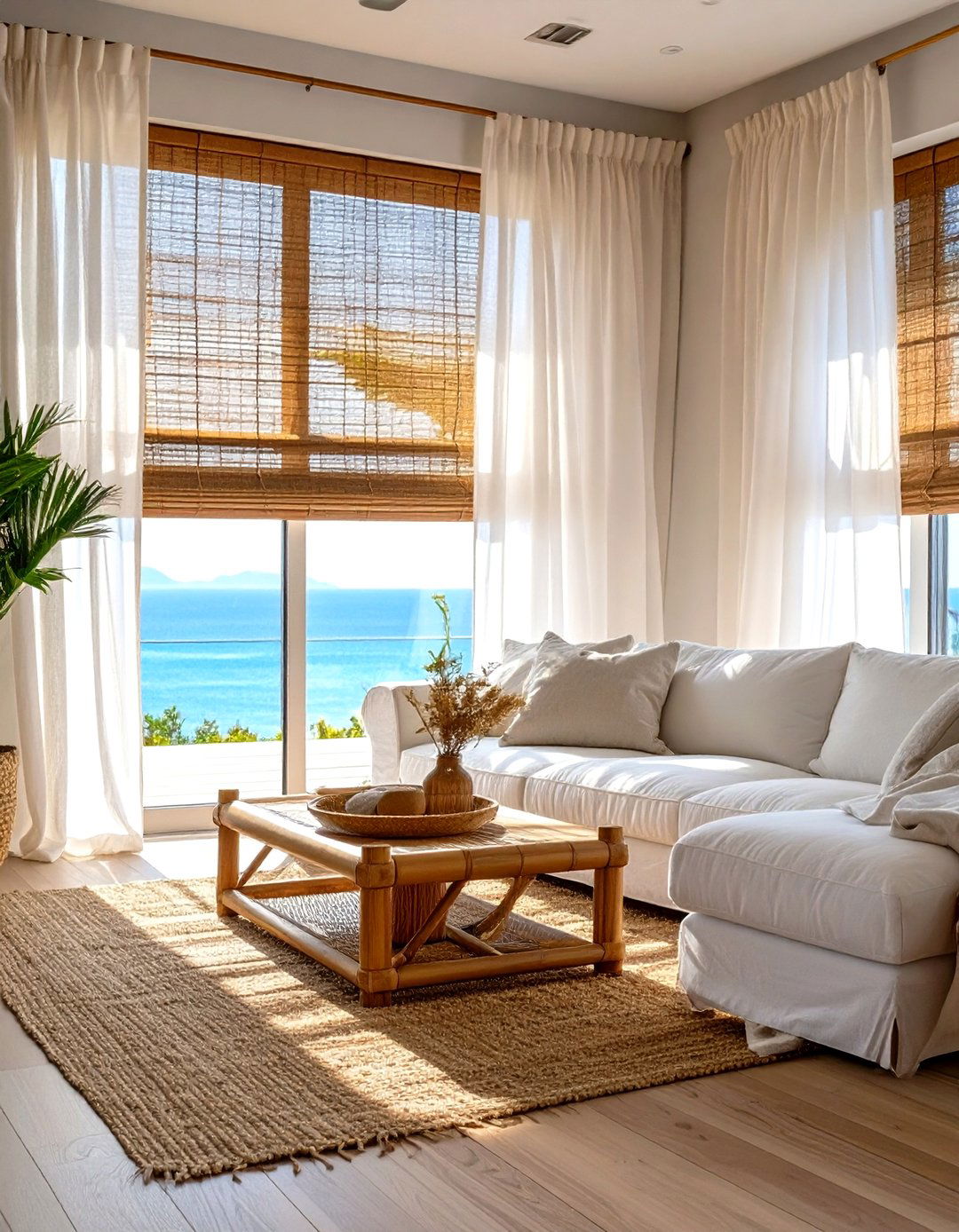 Bamboo Blinds Layered with Curtains - 30 curtain ideas for living room