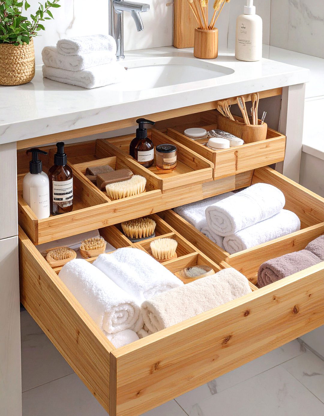 Bamboo Drawer Organizers for a Spa Vibe - 30 bathroom drawer organization ideas