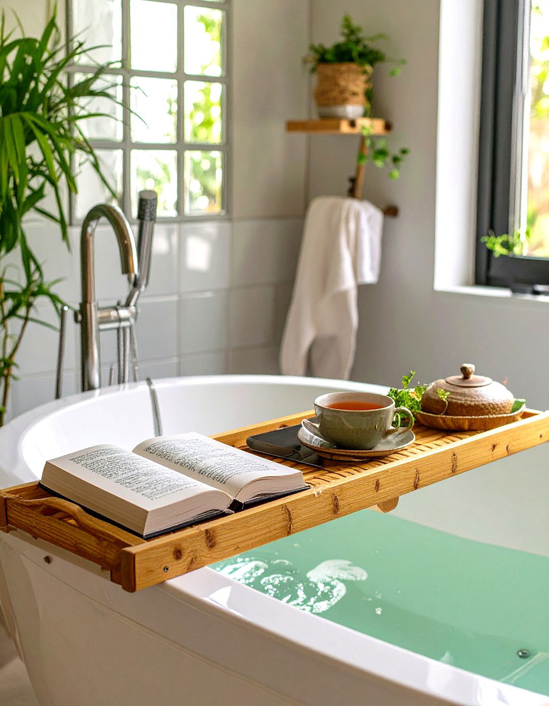 Bamboo Extendable Bathtub Caddy Organizer - 30 shower organizer ideas