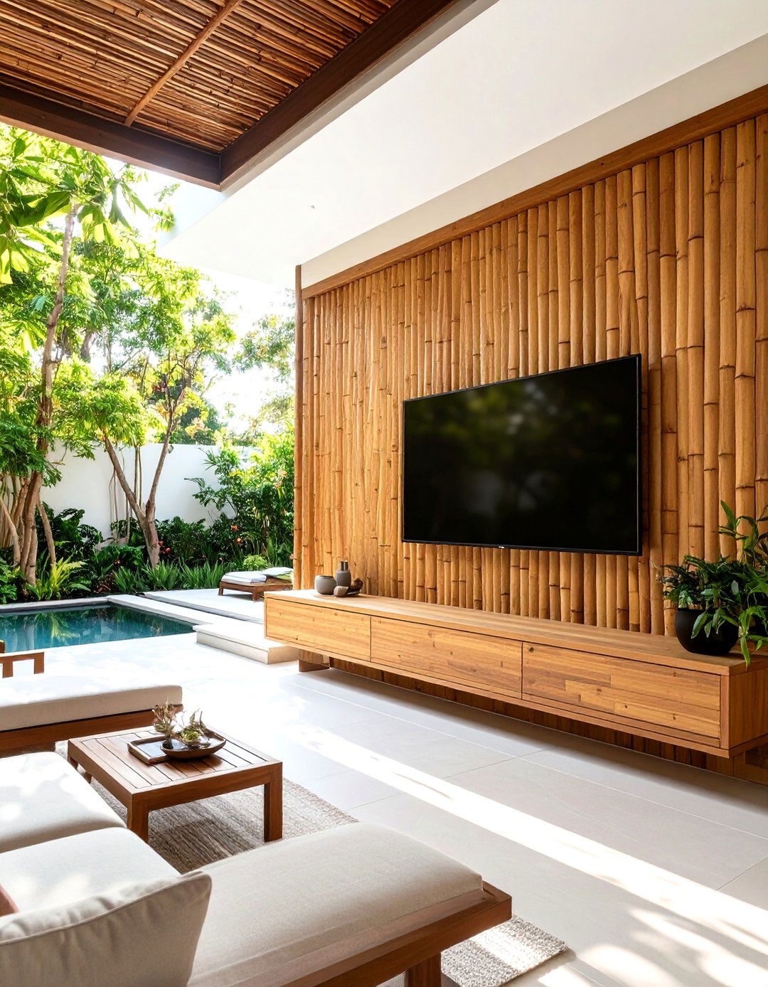 Bamboo Privacy Screen Outdoor TV Wall - 30 outdoor tv wall ideas