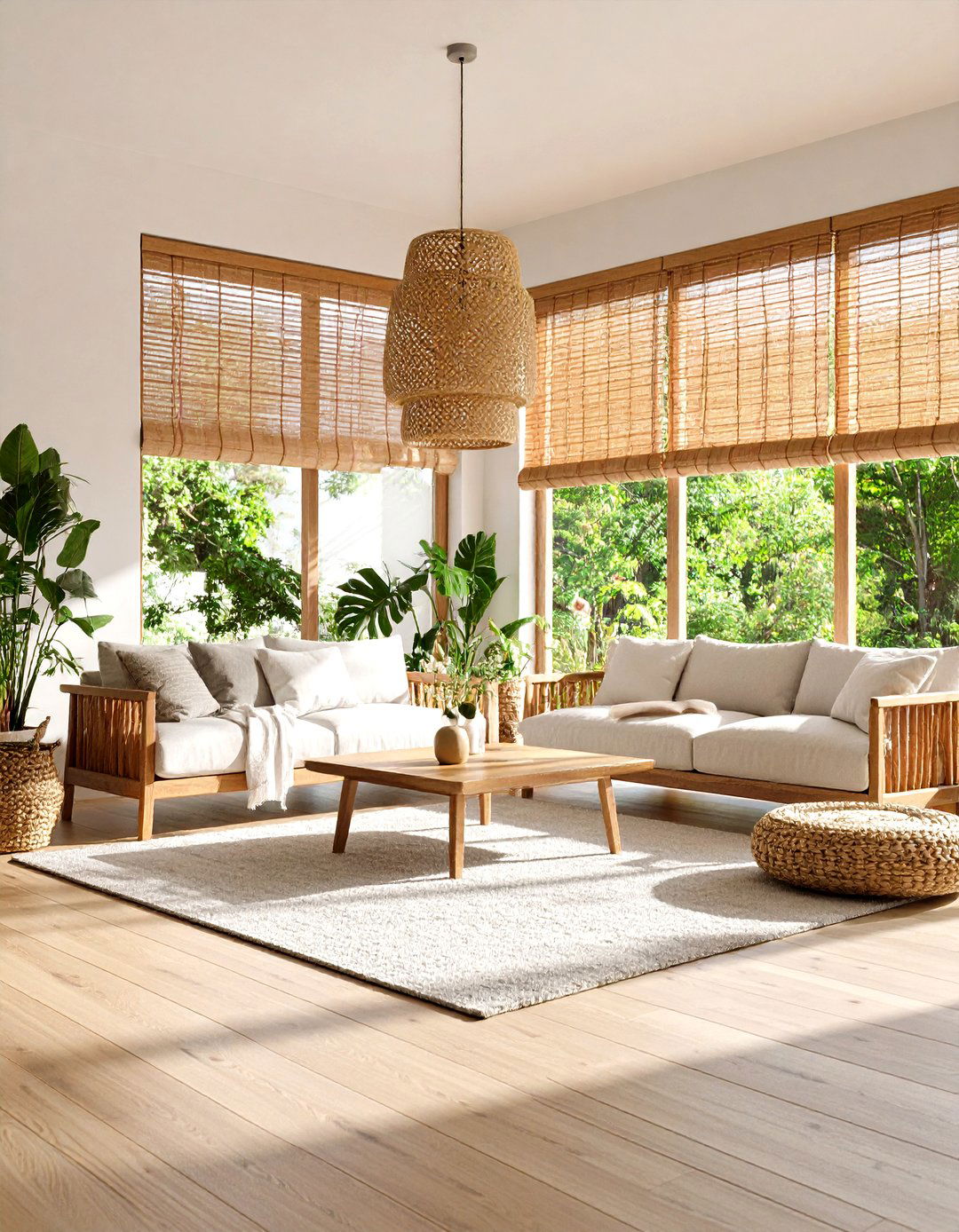 Bamboo Roman Shades for Natural Texture - 30 living room window treatment ideas