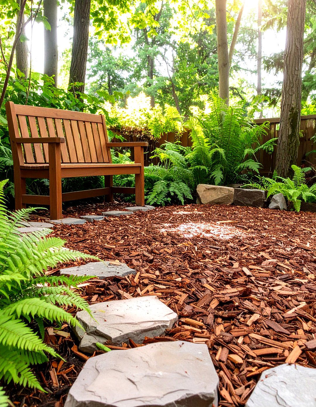Bark Chippings for a Woodland Feel - 30 cheap patio floor ideas