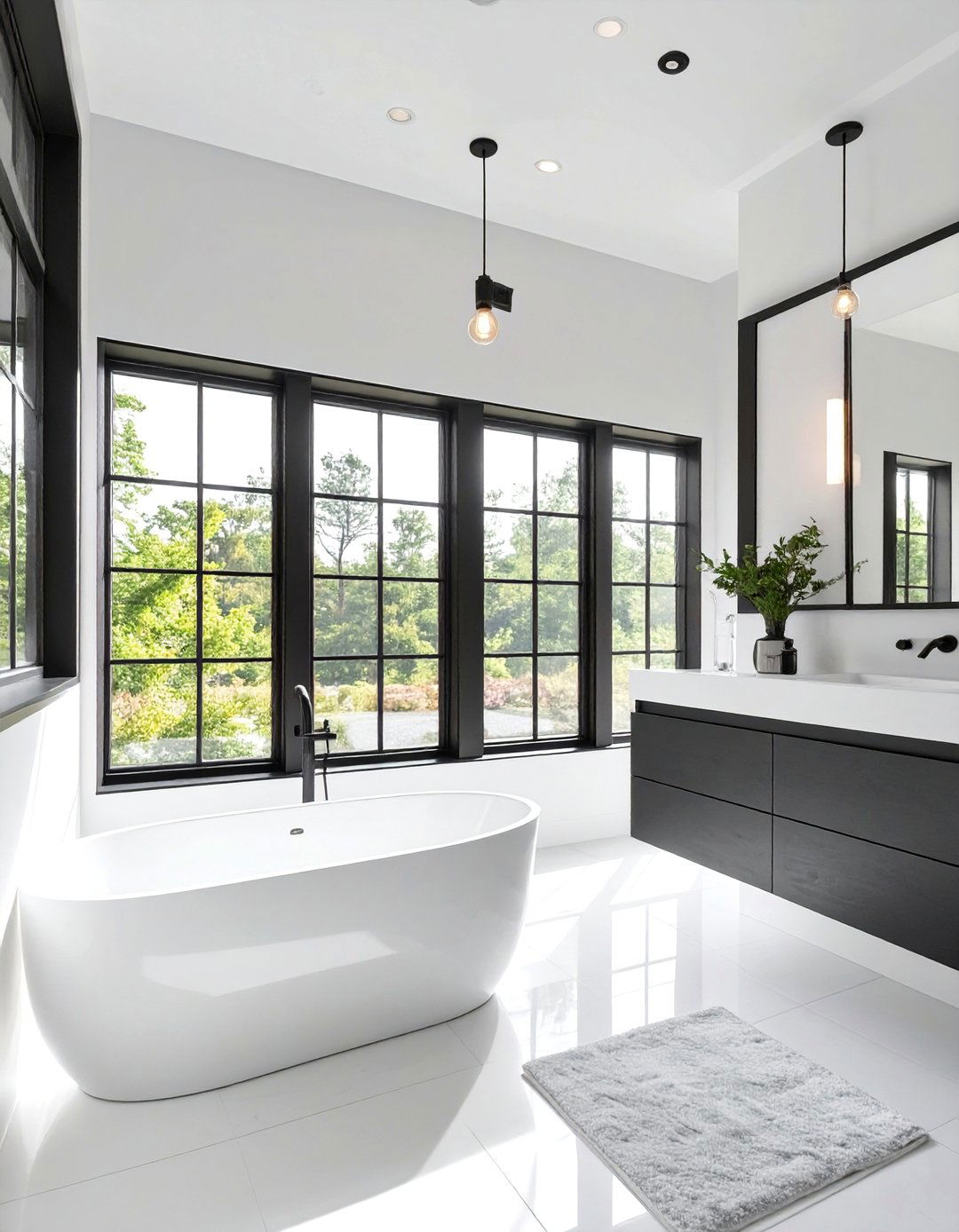 Bathroom with Black Window Frames - 30 black and white bathroom ideas