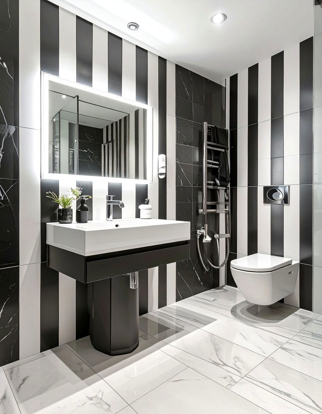 Bathroom with Black and White Striped Walls - 30 black and white bathroom ideas