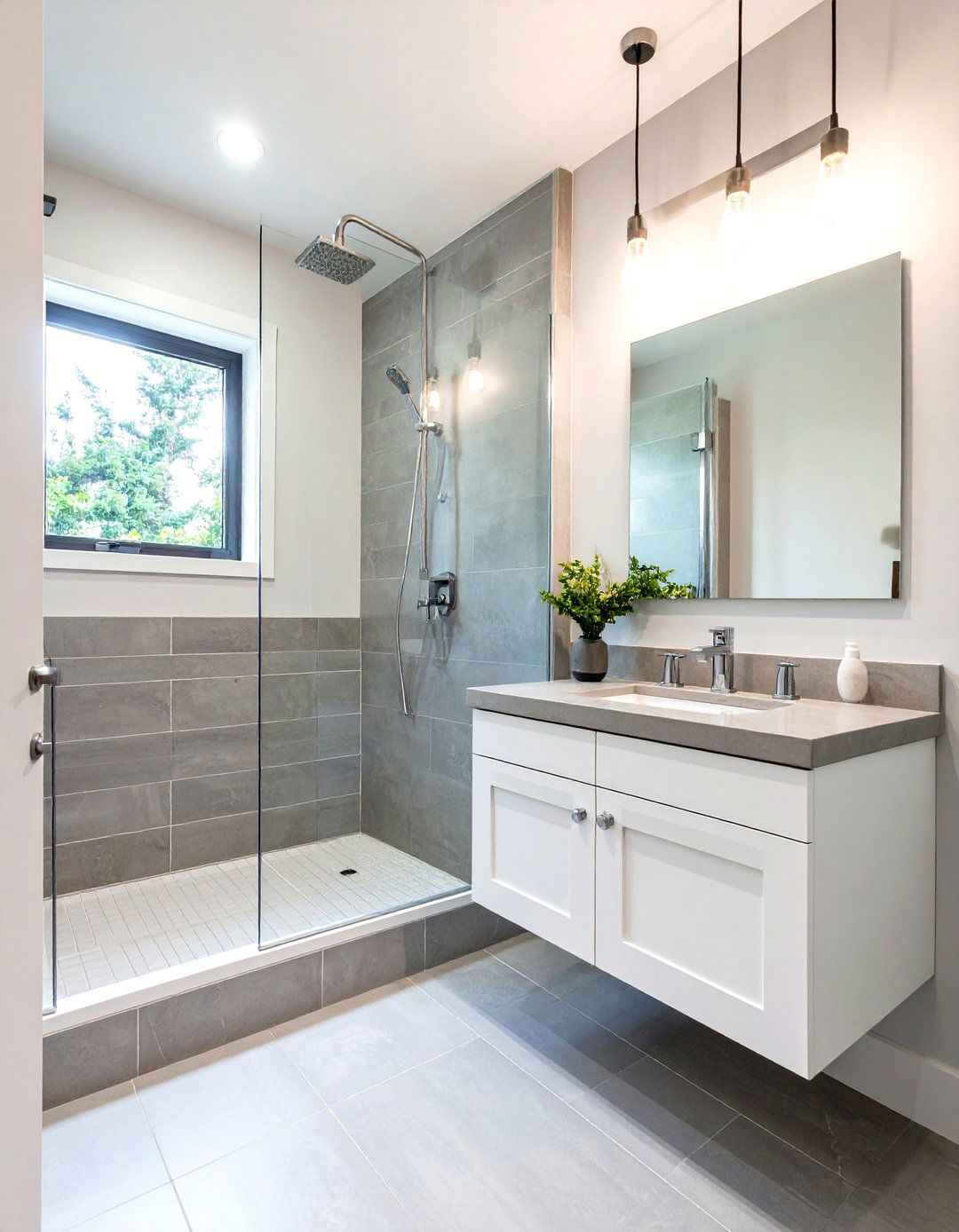 Bathroom with Gray Subway Tiles - 30 gray and white bathroom ideas