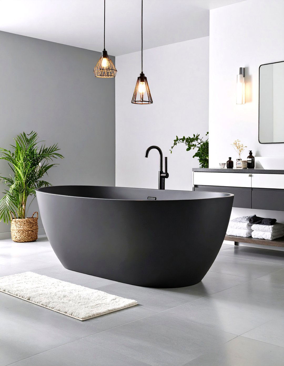 Bathroom with a Gray Freestanding Tub - 30 gray and white bathroom ideas