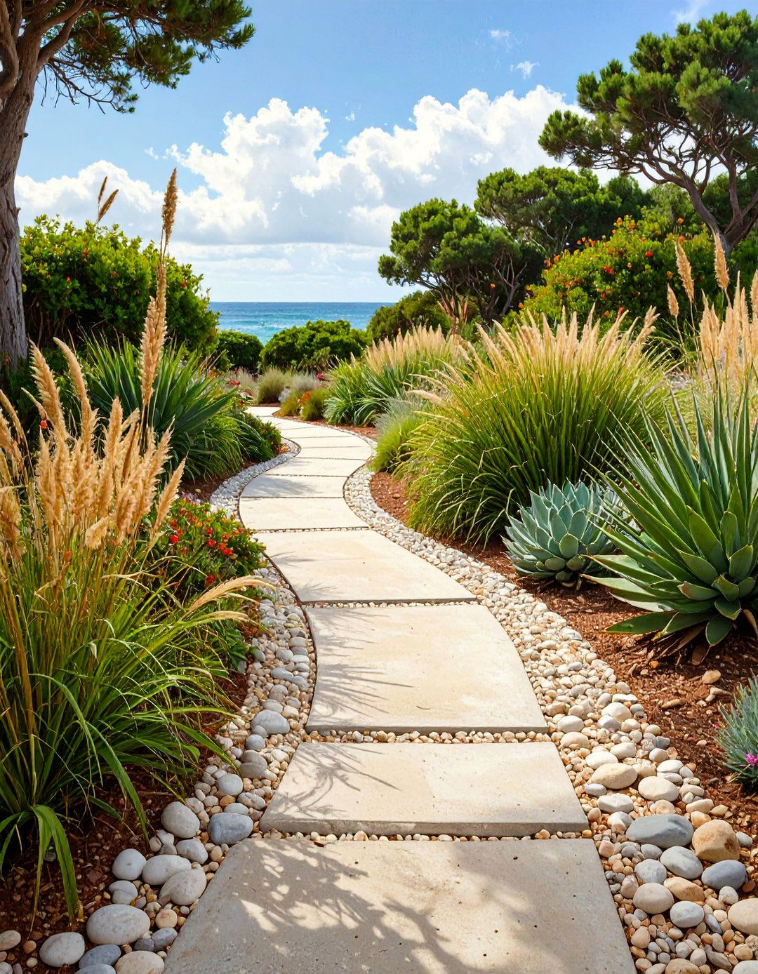 Beach Pebble Edged Concrete - 30 backyard walkway ideas