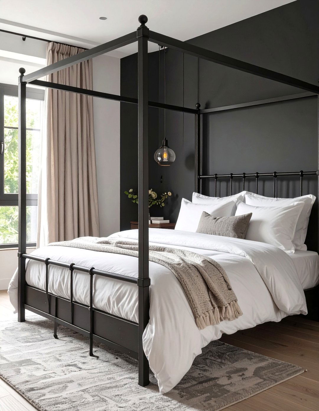 Bedroom with a Black Canopy Bed Against a Black Wall - 30 black accent wall ideas