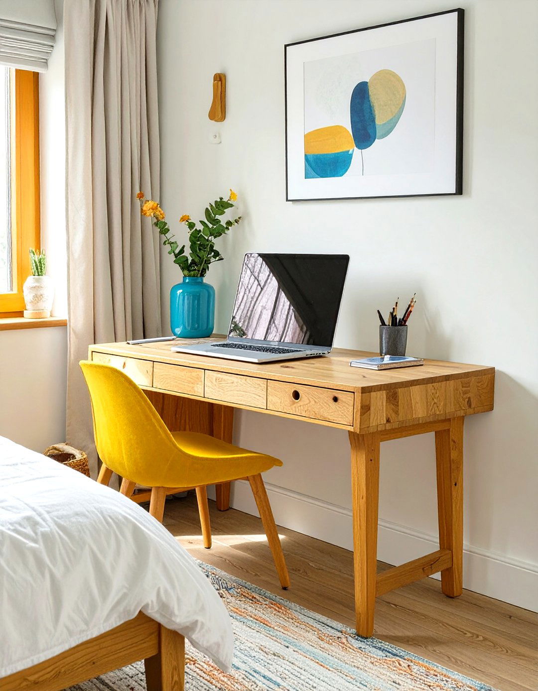 Bedside Table as a Mini Workstation - 30 small bedroom office combo ideas