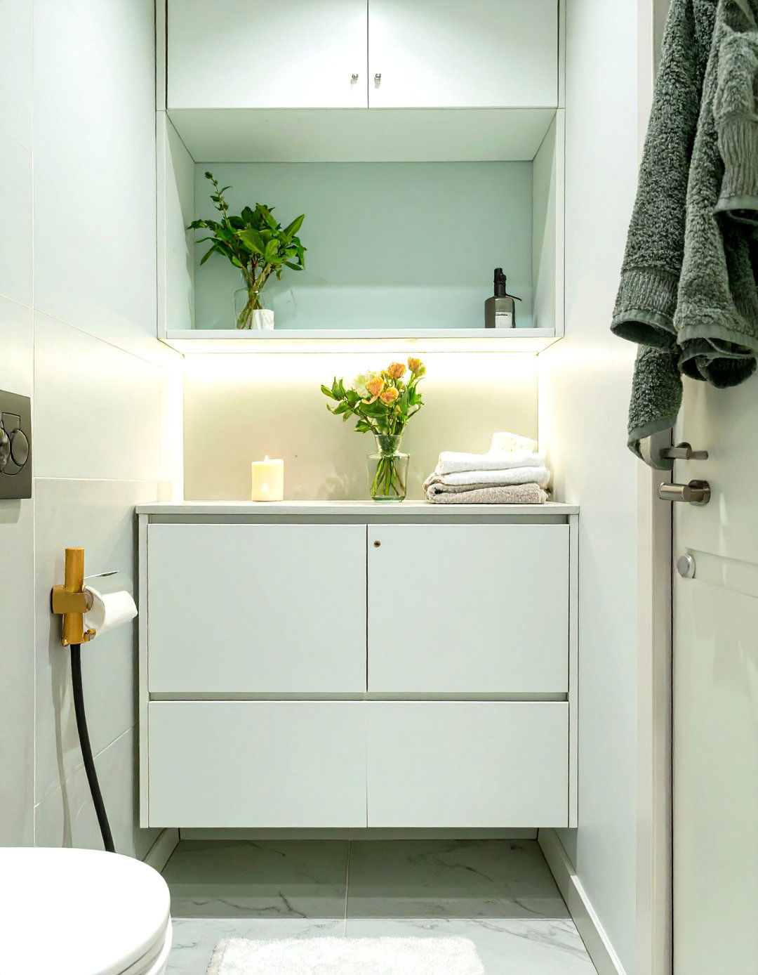 Behind the Toilet Storage Cabinet with Open Shelf - 30 shelves very small bathroom storage ideas